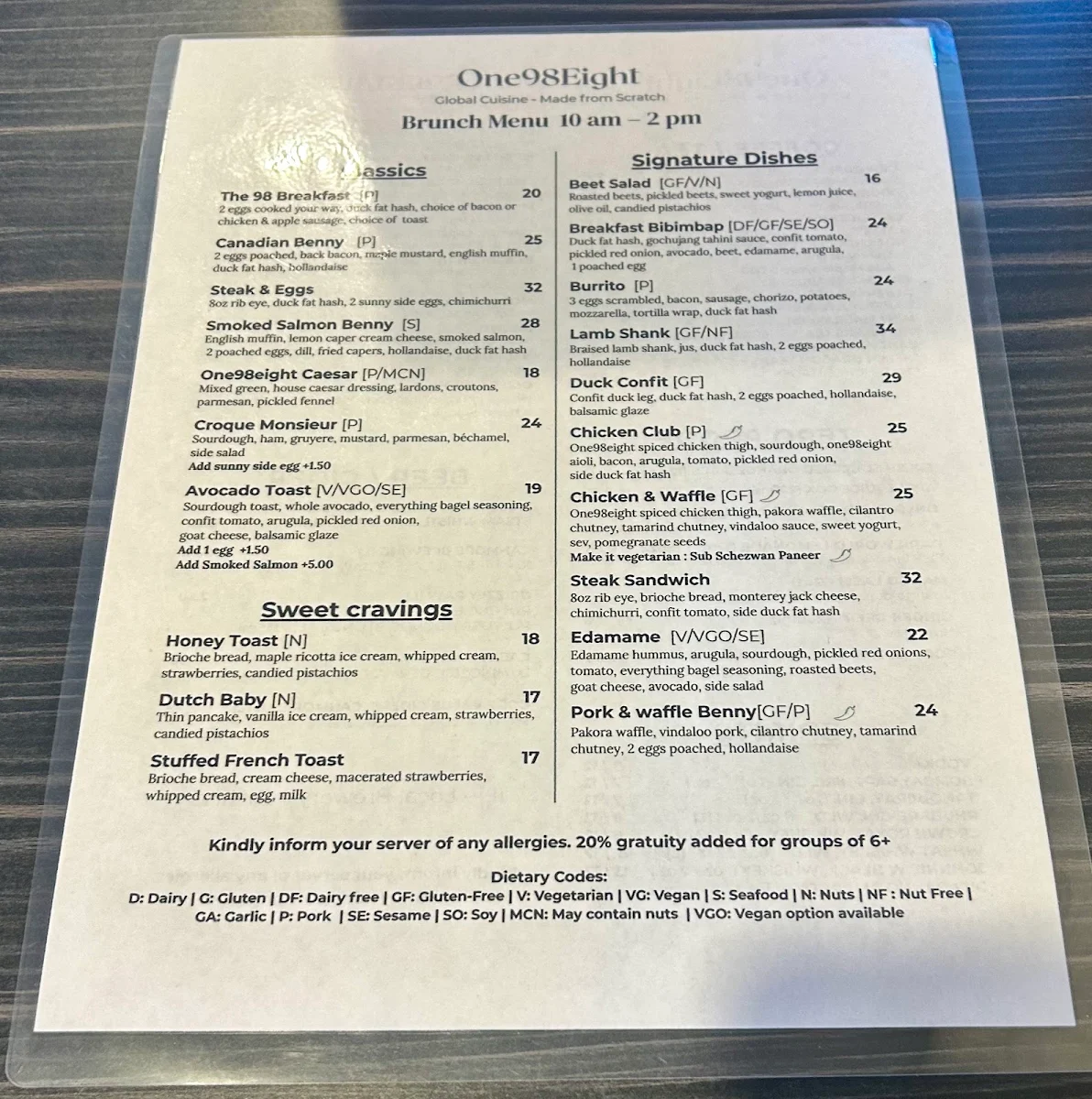 Menu, One98eight Restaurant