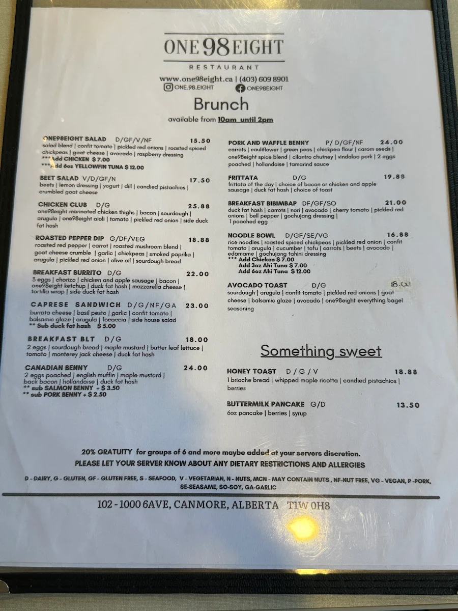 Menu, One98eight Restaurant