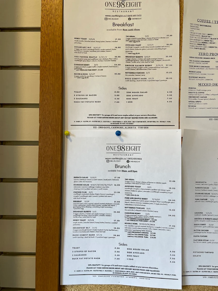 Menu, One98eight Restaurant
