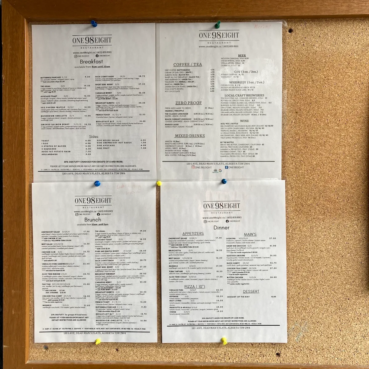 Menu, One98eight Restaurant