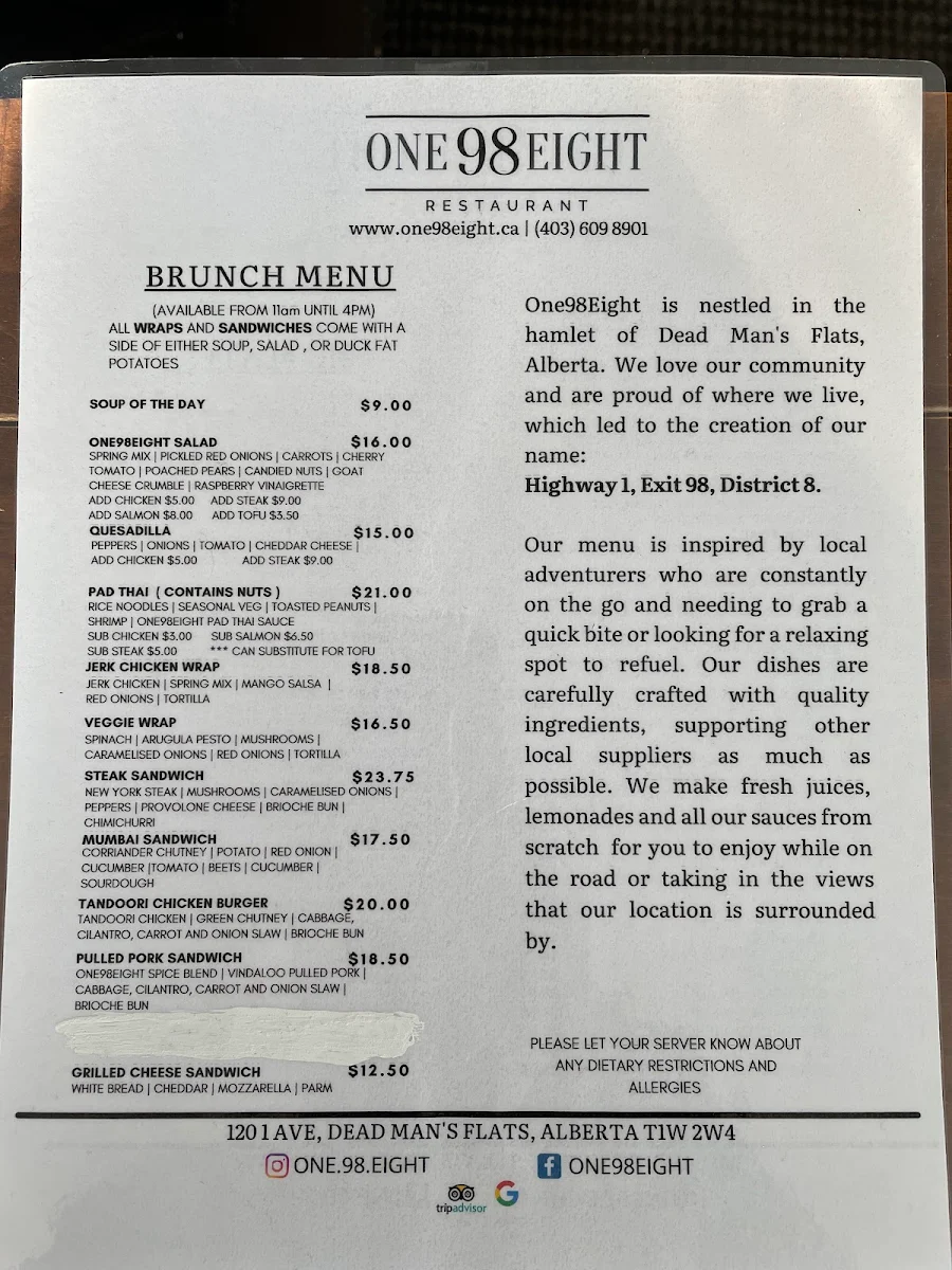 Menu, One98eight Restaurant