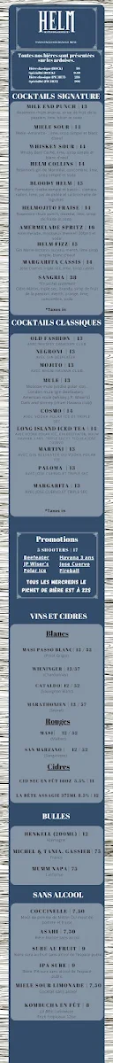 Menu, HELM - Microbrasserie sur Bernard