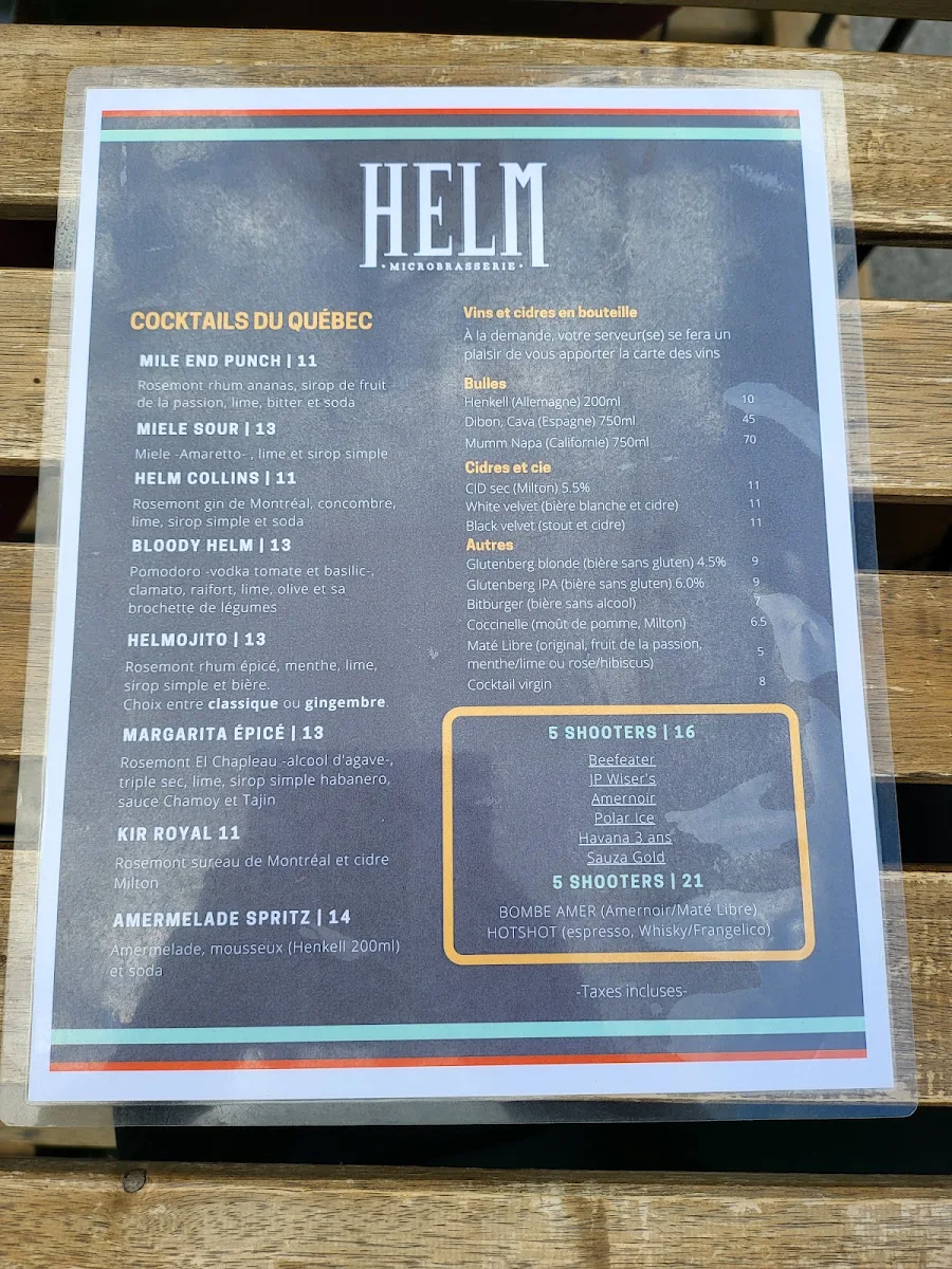 Menu, HELM - Microbrasserie sur Bernard