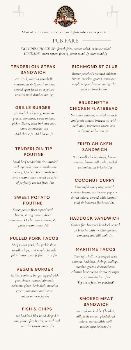 Menu, John Brown Richmond Street Grille