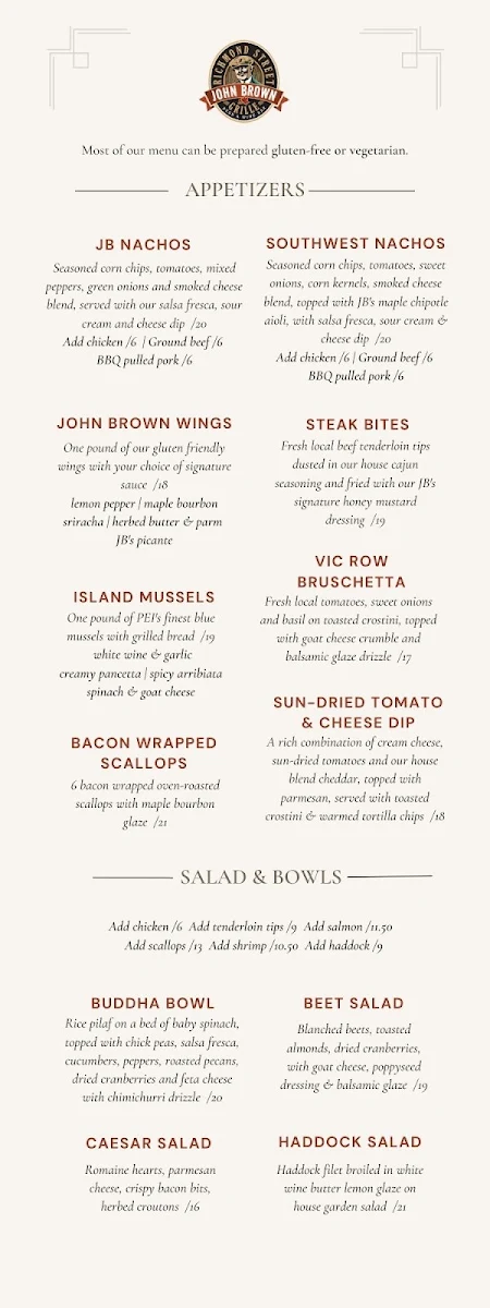 Menu, John Brown Richmond Street Grille