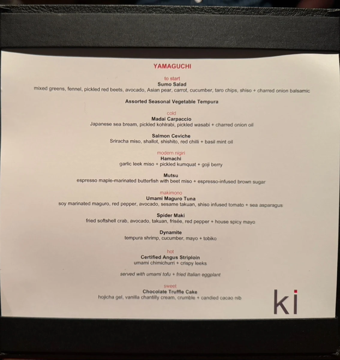 Menu, Ki Modern Japanese + Bar