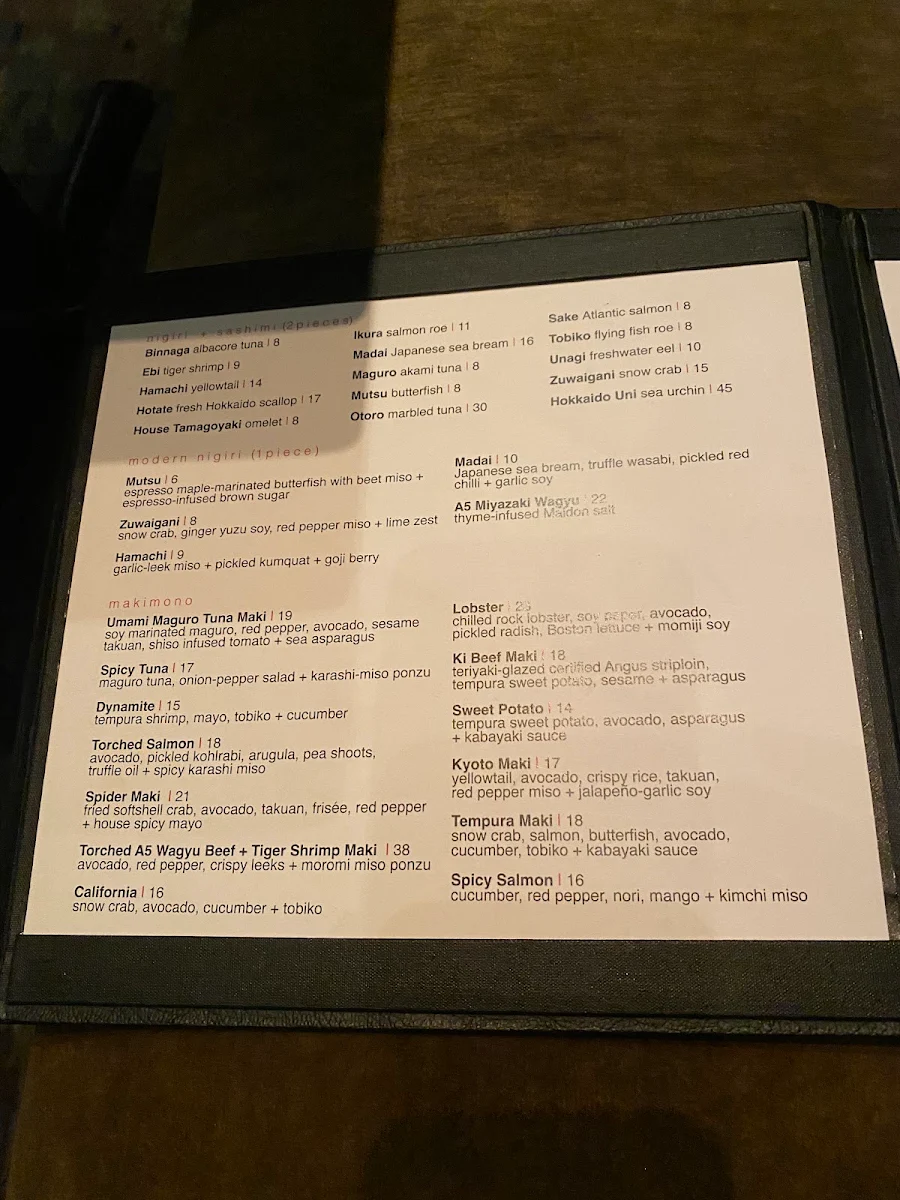 Menu, Ki Modern Japanese + Bar