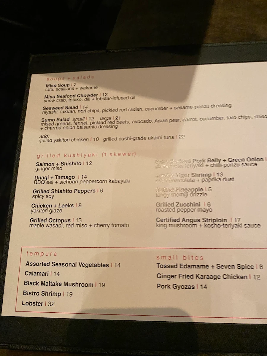Menu, Ki Modern Japanese + Bar