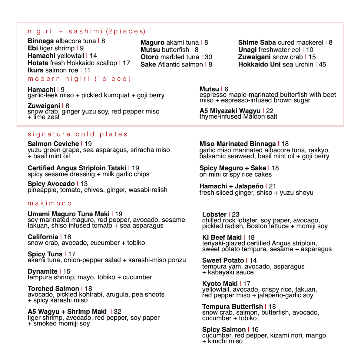 Menu, Ki Modern Japanese + Bar
