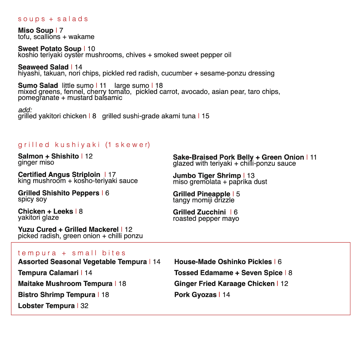 Menu, Ki Modern Japanese + Bar
