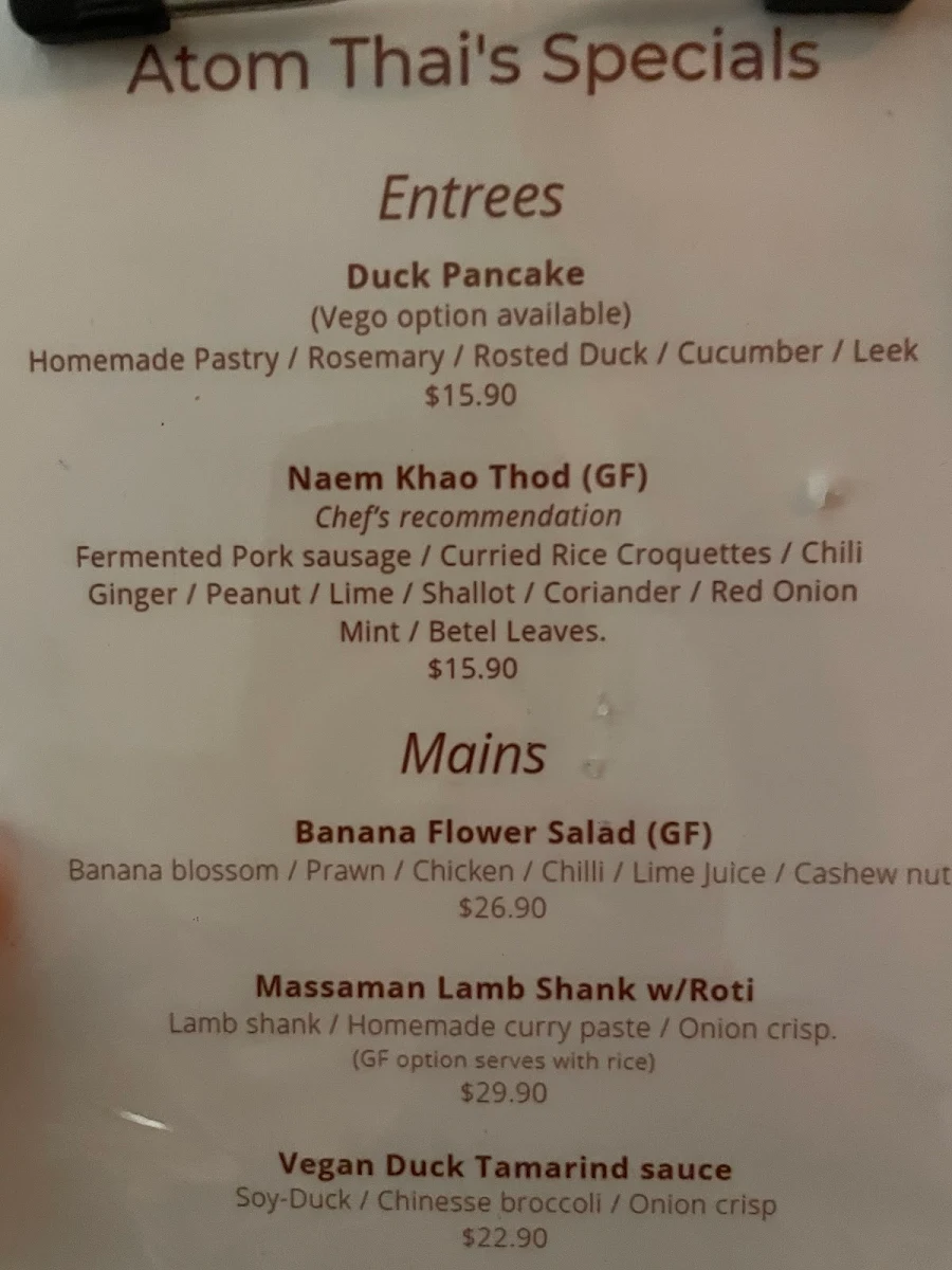 Menu, AtomThai NEWTOWN