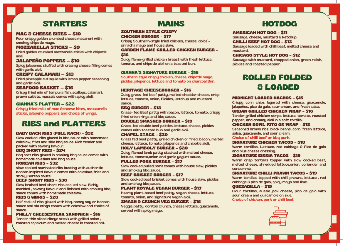 Menu, Gianna’s bar&grill