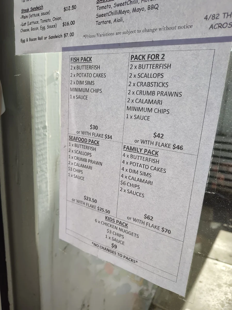 Menu, Ocean View Fish & Chips Shop