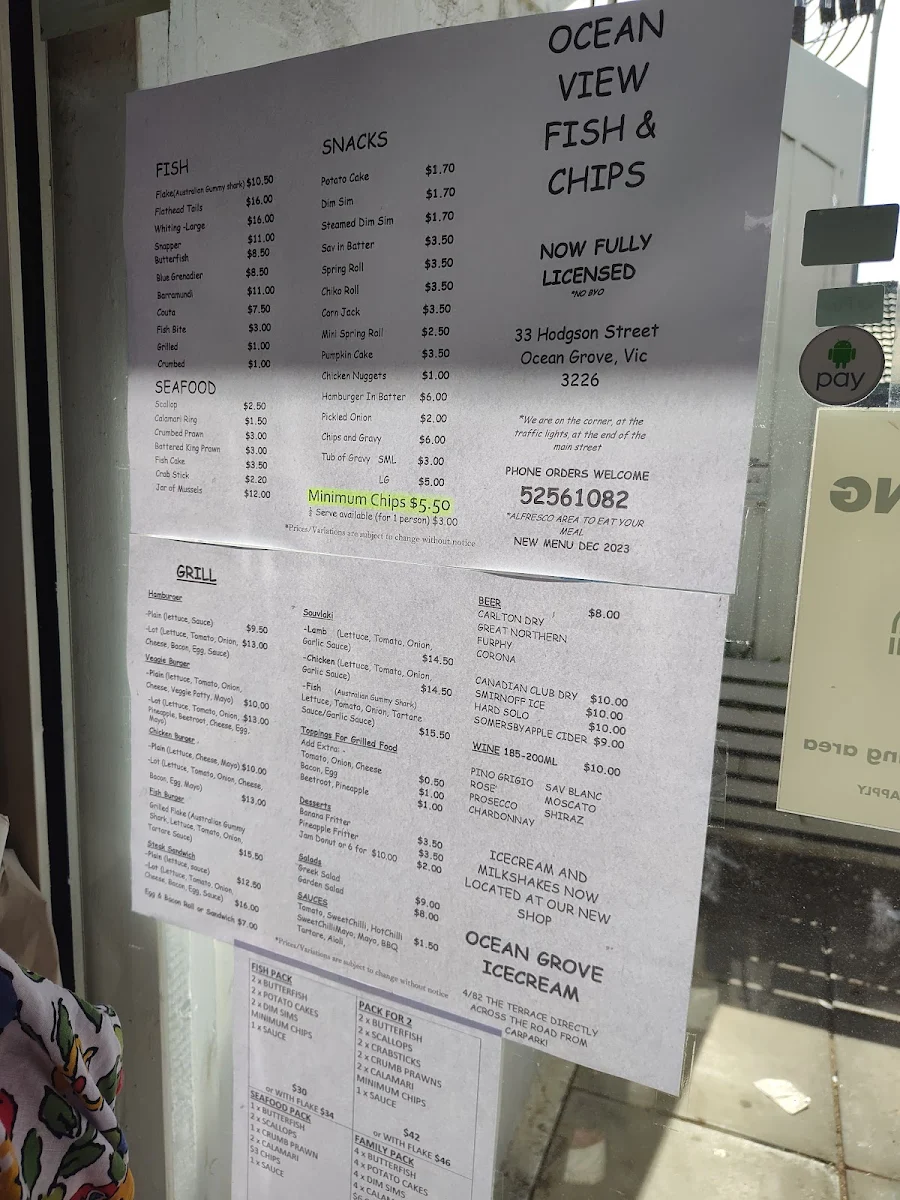 Menu, Ocean View Fish & Chips Shop