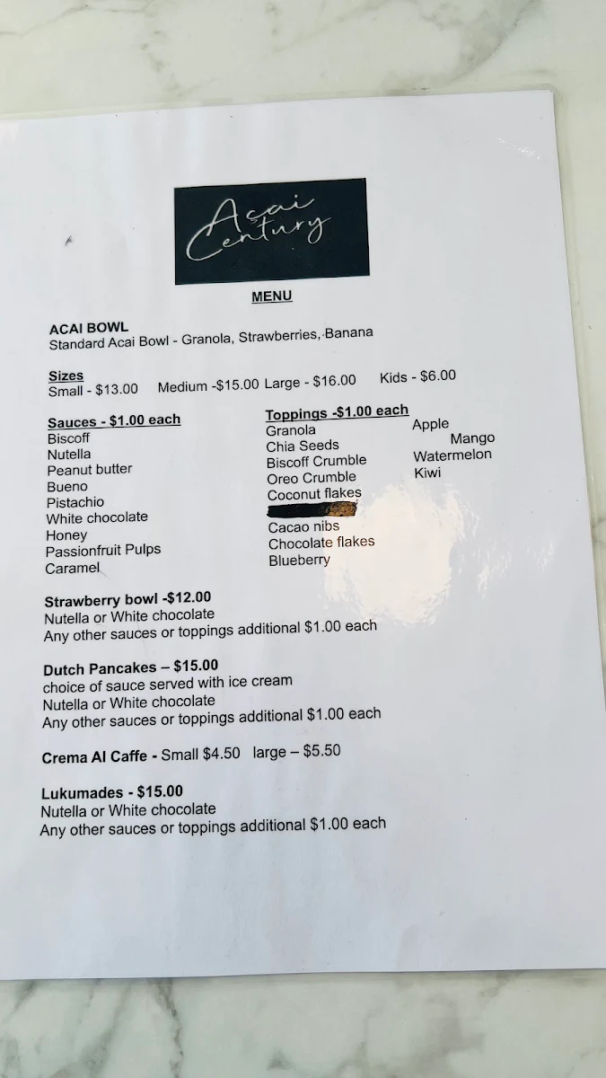 Menu, Acai Century