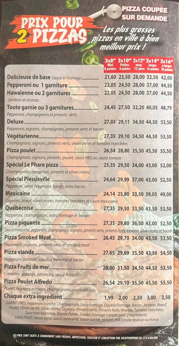 Menu, Pizza Le phare