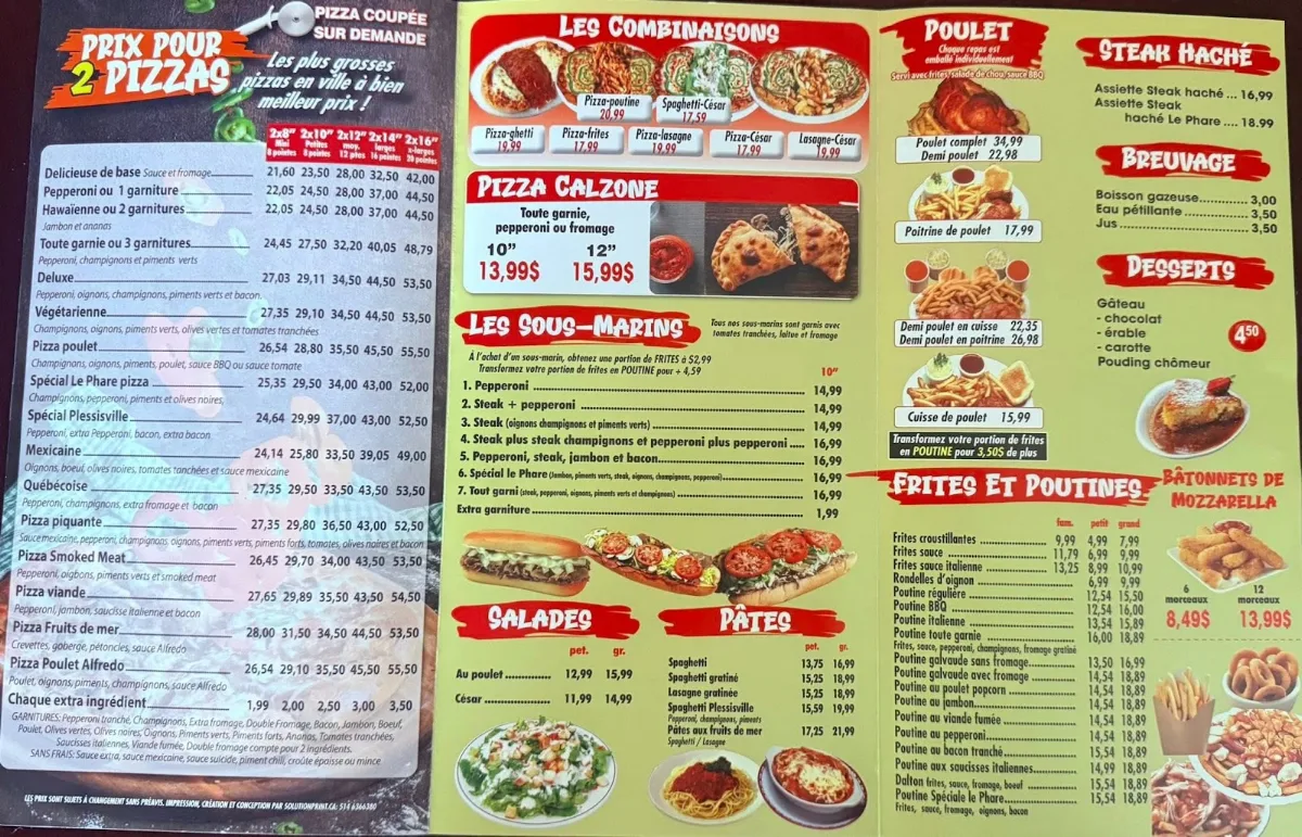 Menu, Pizza Le phare