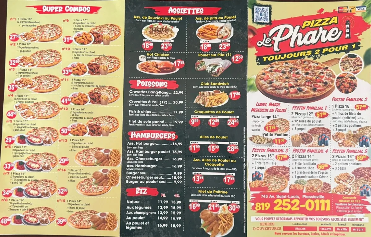 Menu, Pizza Le phare