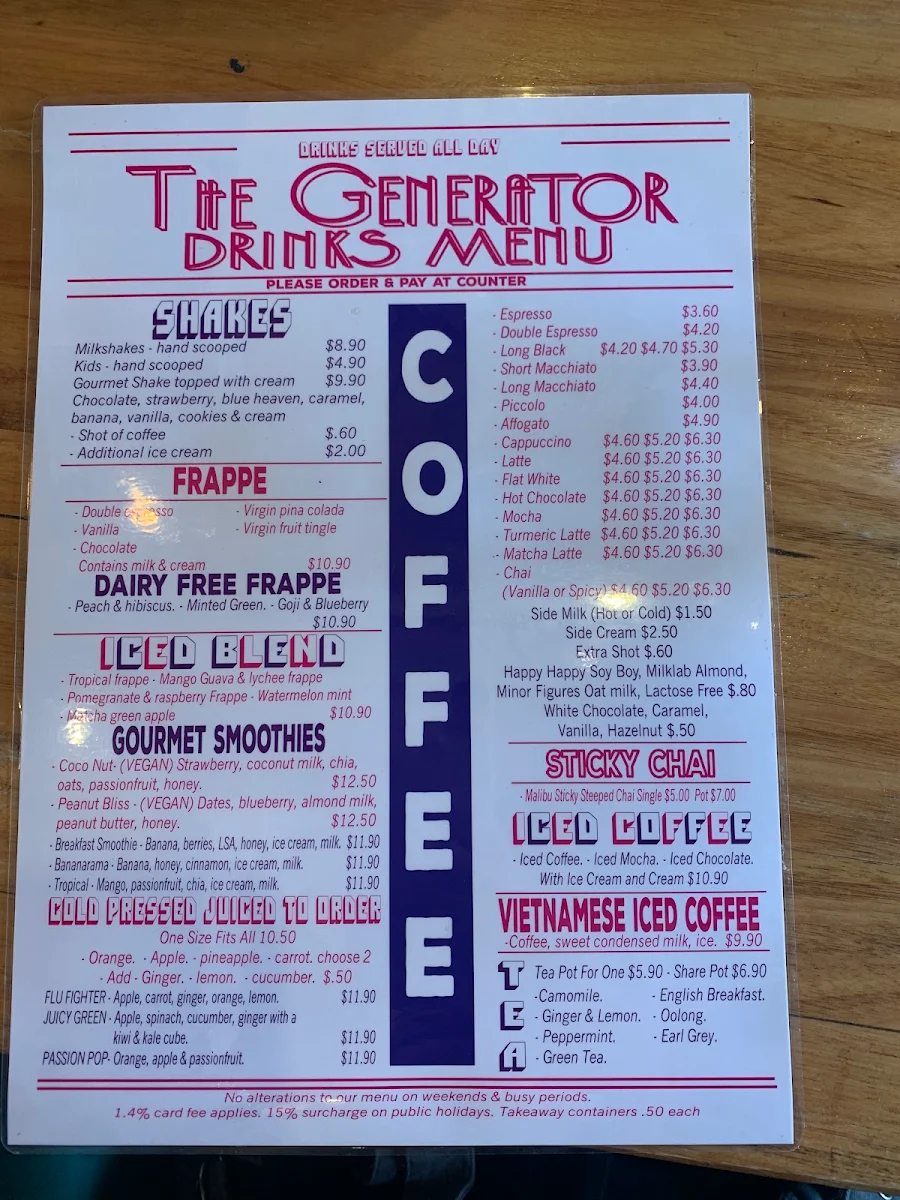 Menu, The Generator Urban Eatery
