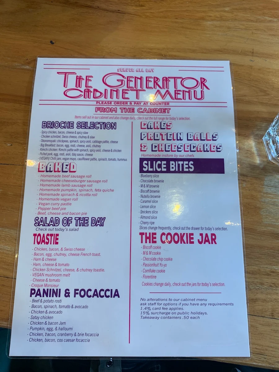 Menu, The Generator Urban Eatery