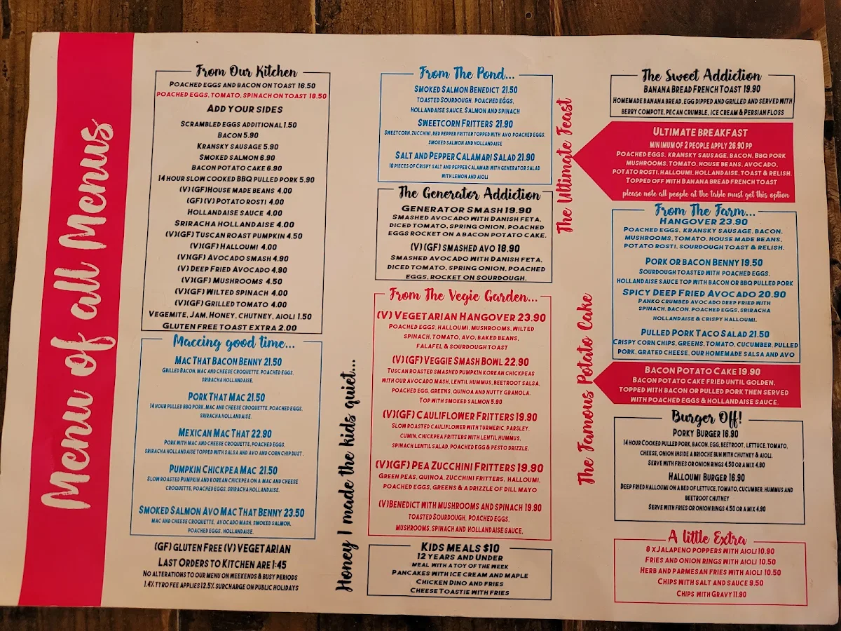 Menu, The Generator Urban Eatery