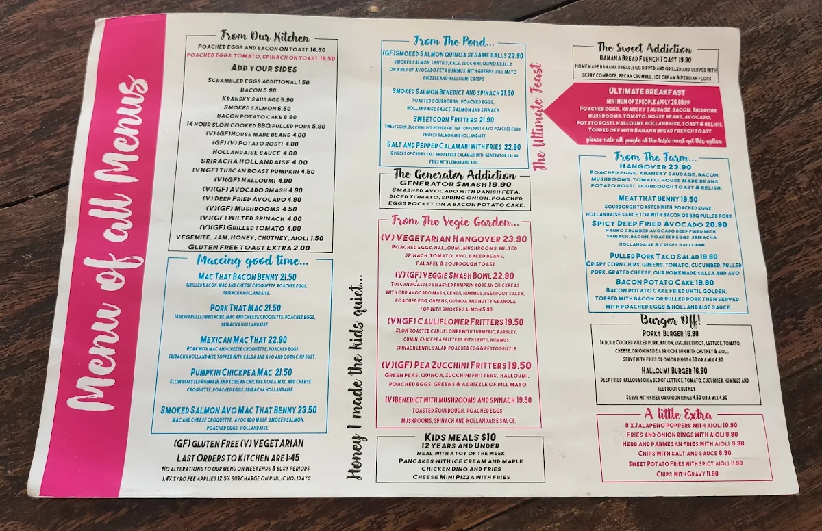 Menu, The Generator Urban Eatery