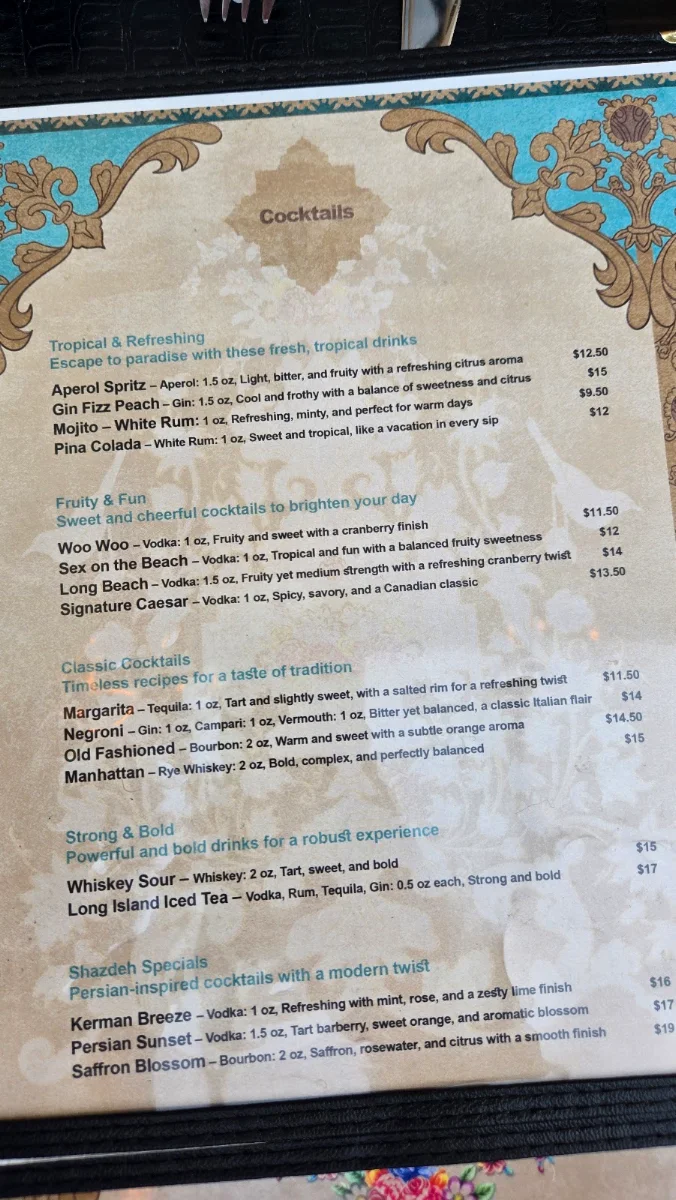 Menu, Shazde House | رستوران شازده