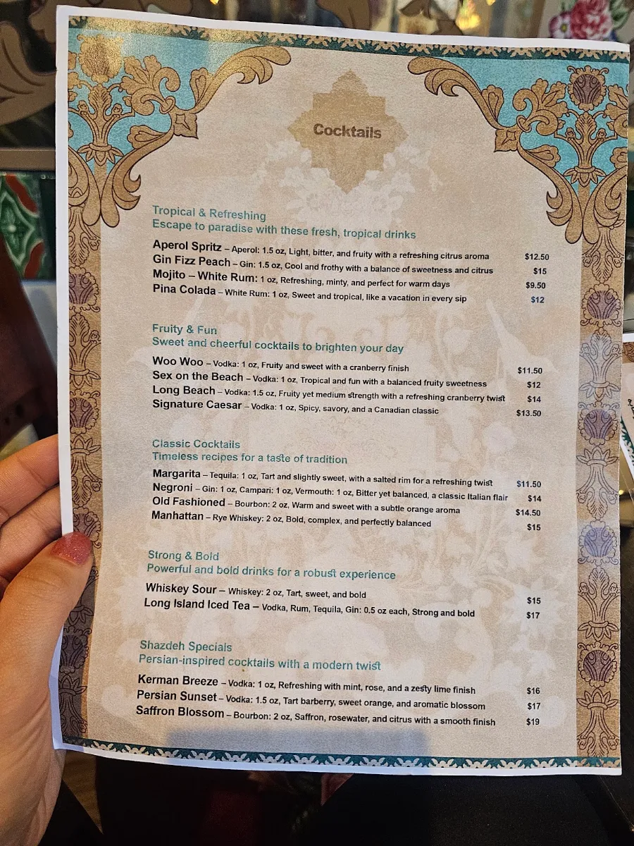 Menu, Shazde House | رستوران شازده