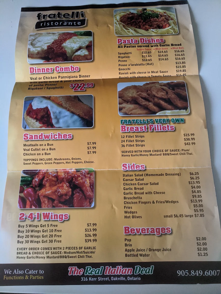 Menu, Fratelli’s
