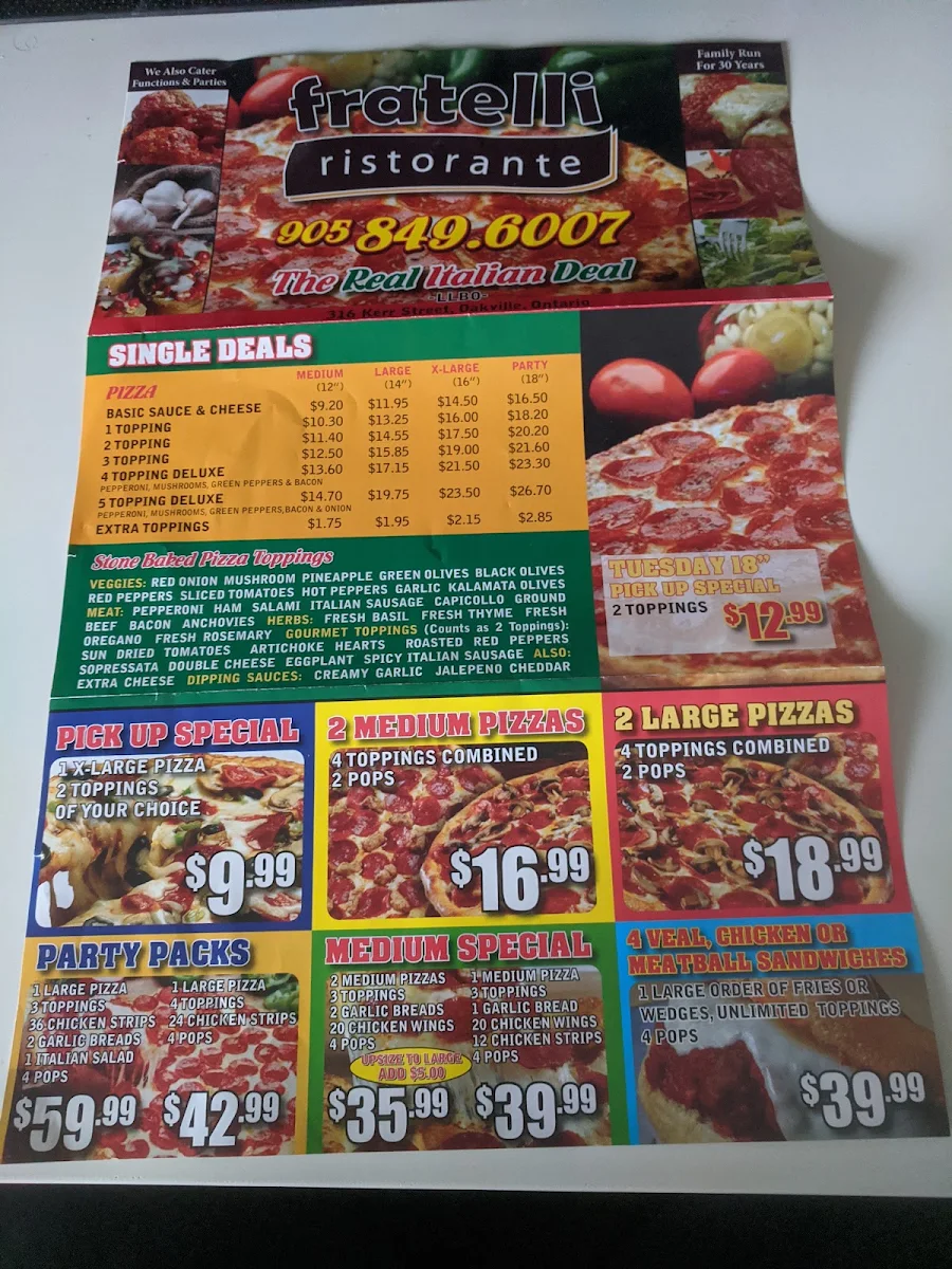 Menu, Fratelli’s
