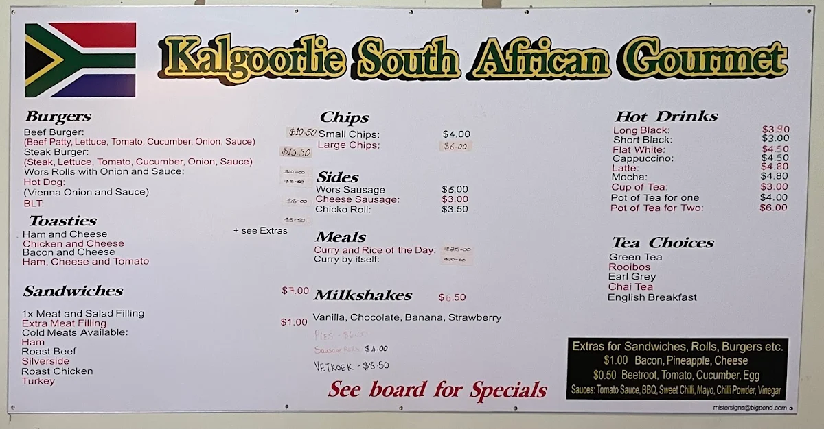 Menu, South African Gourmet