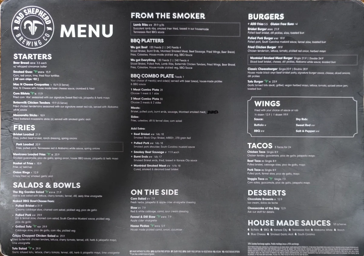 Menu, Bad Shepherd Brewing Co.