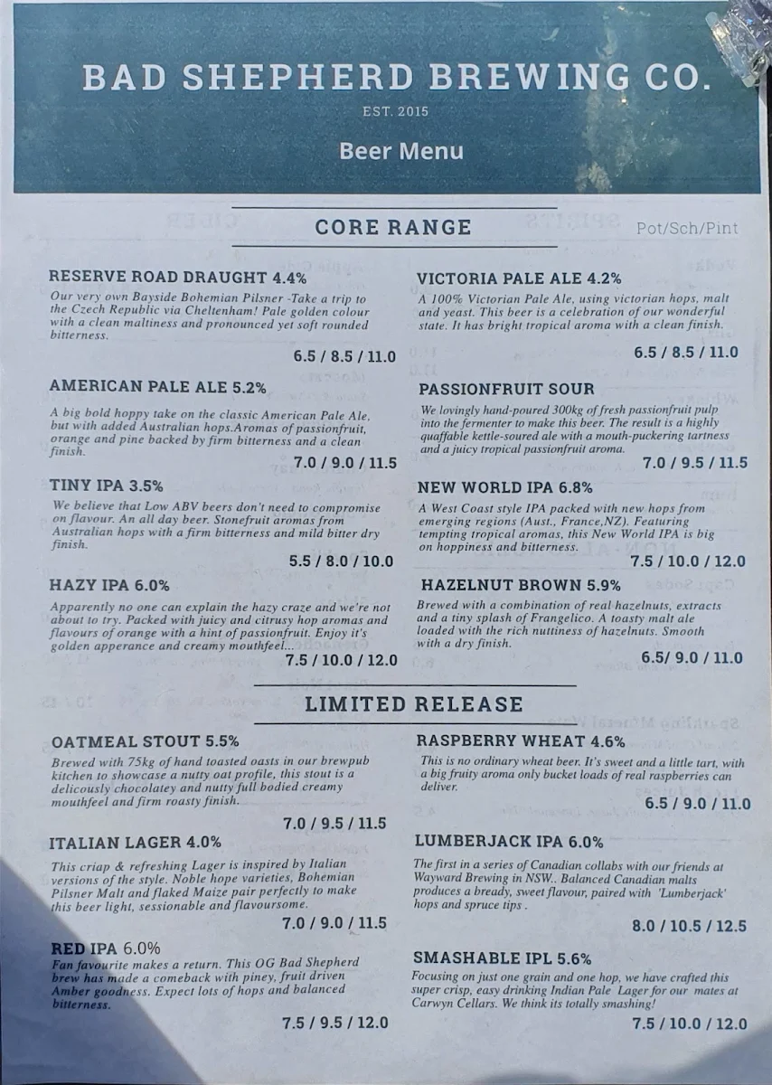 Menu, Bad Shepherd Brewing Co.