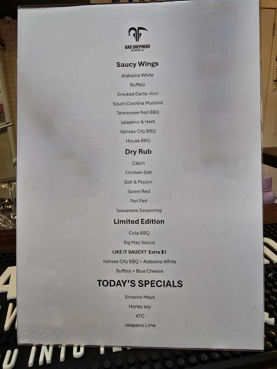 Menu, Bad Shepherd Brewing Co.