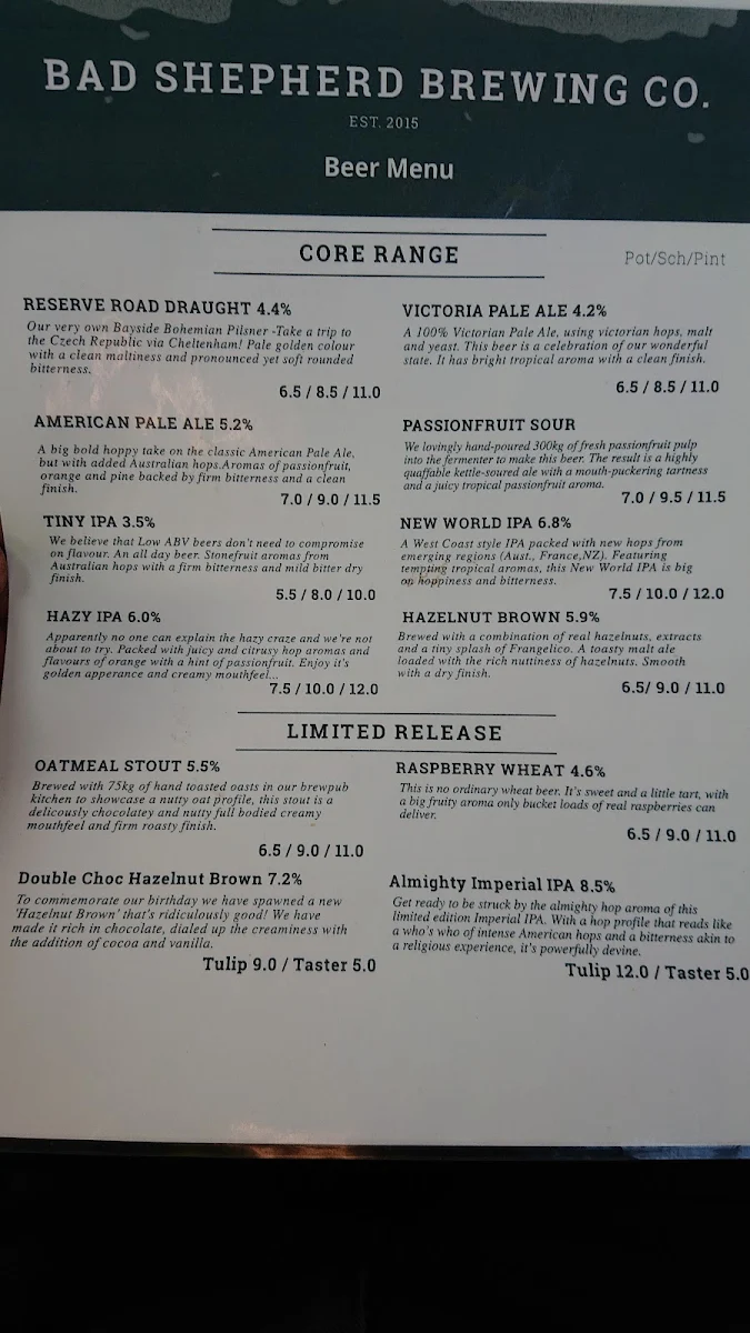 Menu, Bad Shepherd Brewing Co.