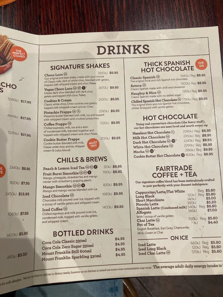 Menu, San Churro Fremantle