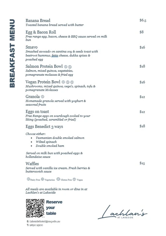 Menu, Lachlan's at Lakeside Restaurant