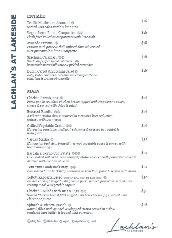 Menu, Lachlan's at Lakeside Restaurant