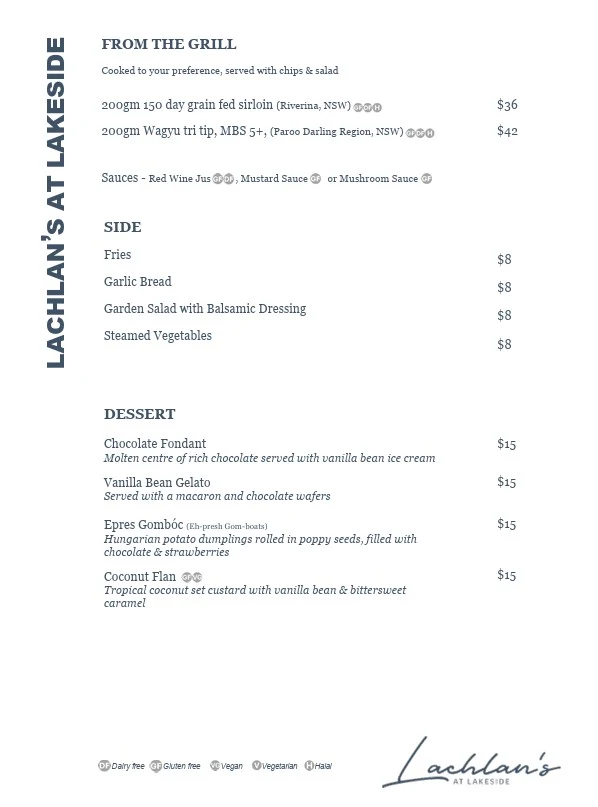 Menu, Lachlan's at Lakeside Restaurant