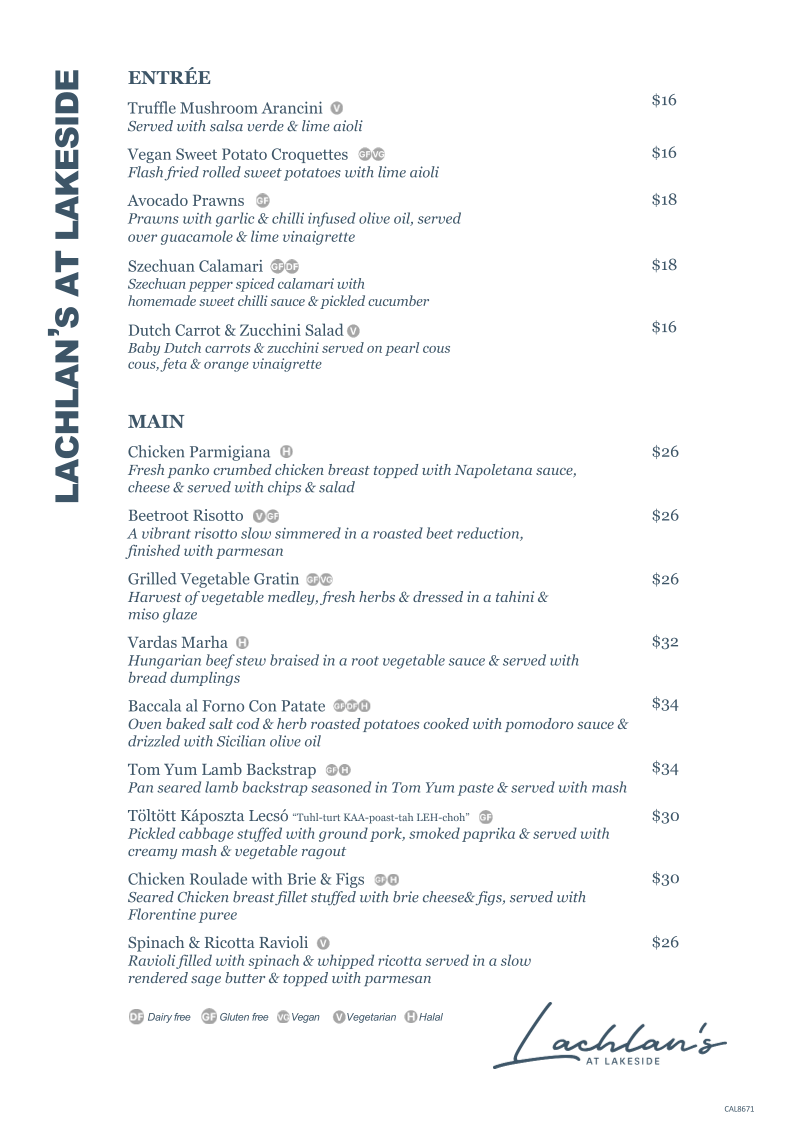 Menu, Lachlan's at Lakeside Restaurant