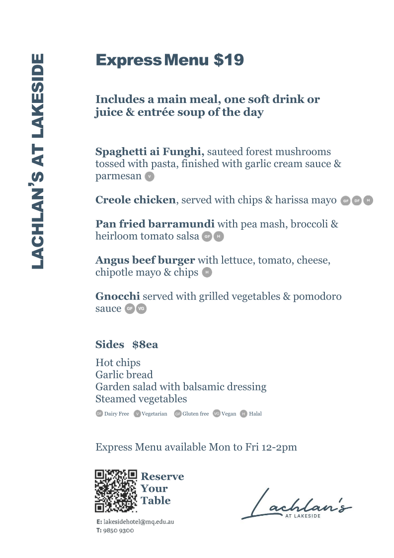 Menu, Lachlan's at Lakeside Restaurant