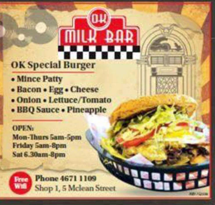 Menu, OK MILK BAR