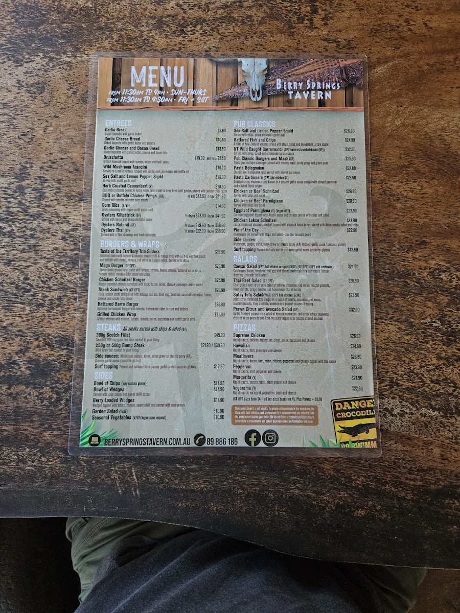 Menu, Berry Springs Tavern