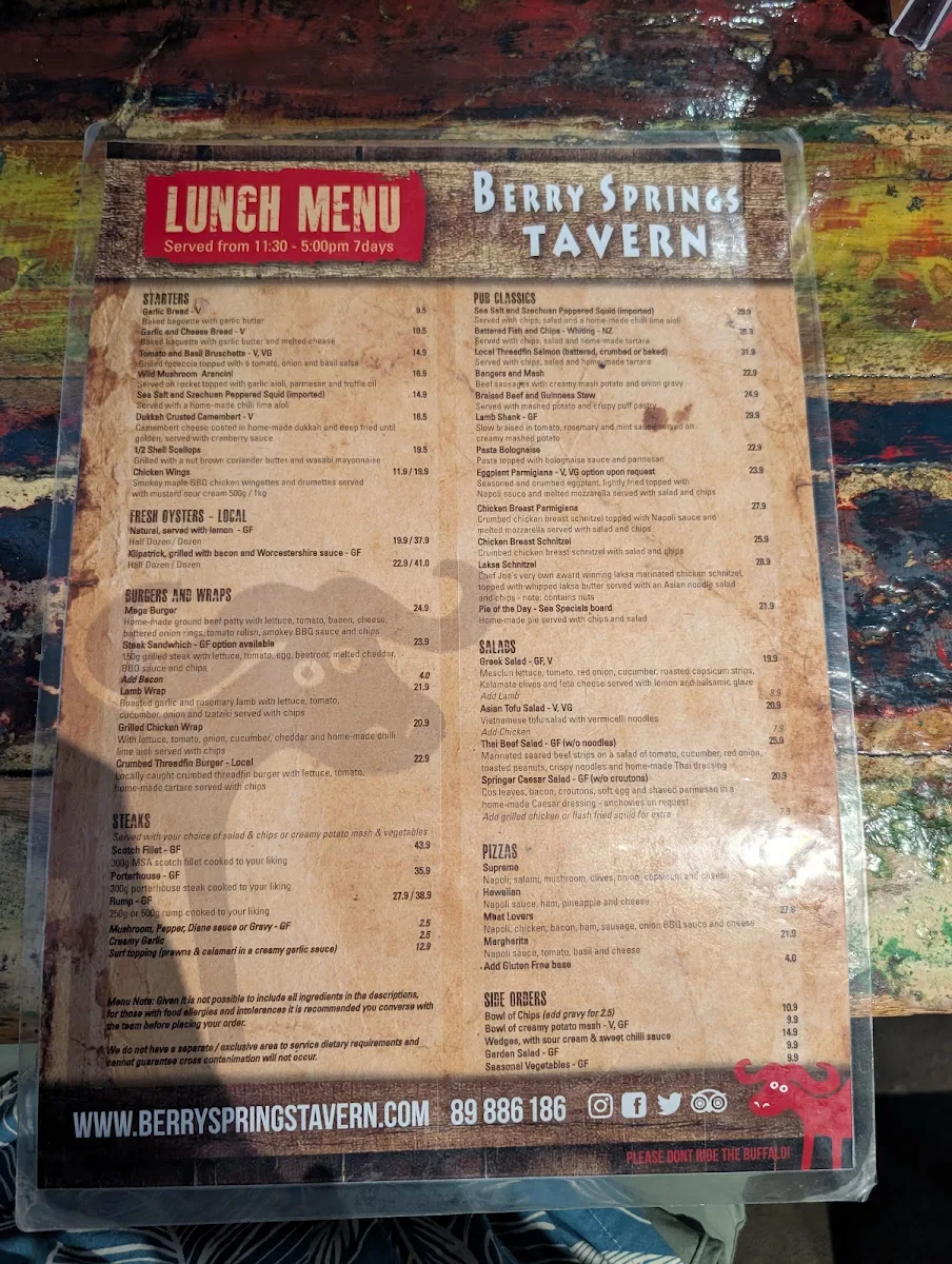 Menu, Berry Springs Tavern