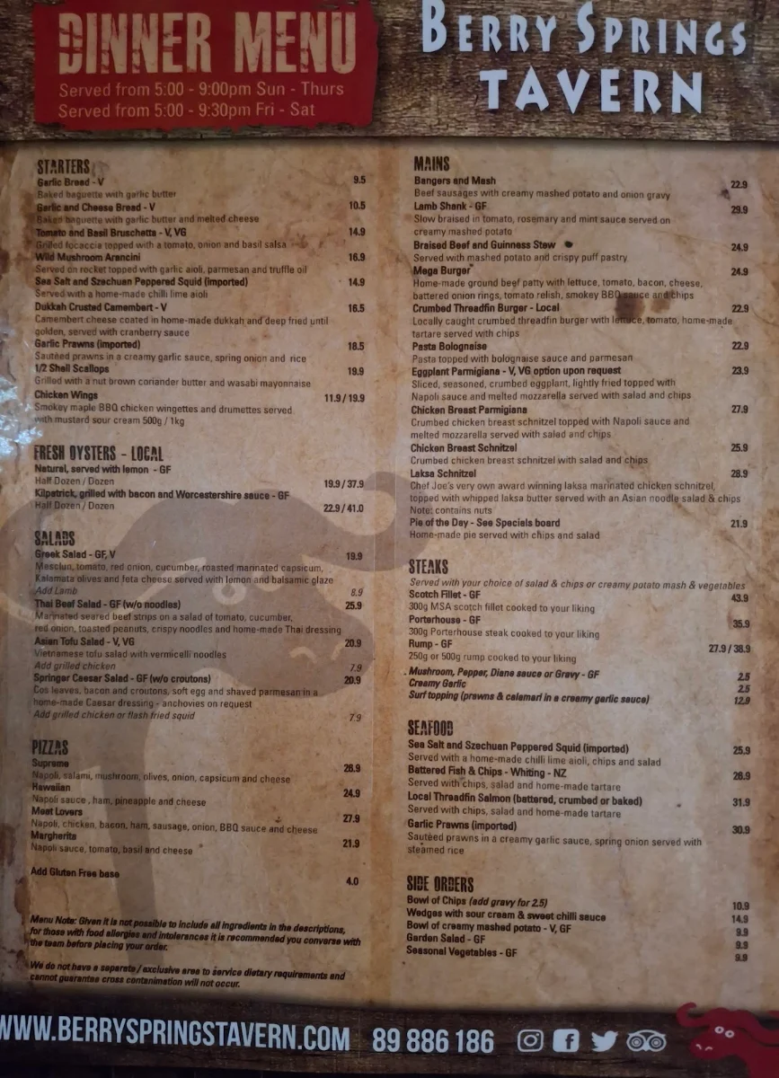 Menu, Berry Springs Tavern