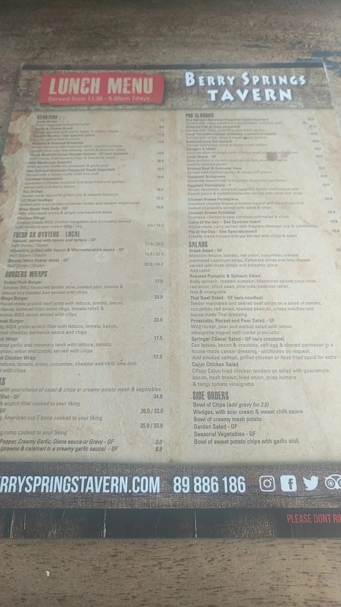 Menu, Berry Springs Tavern