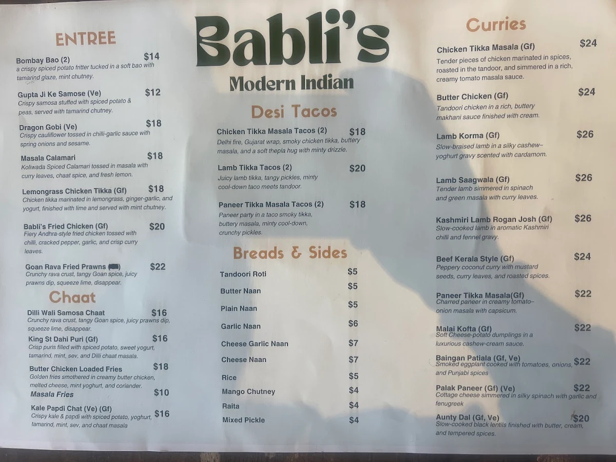 Menu, Babli’s Modern Indian