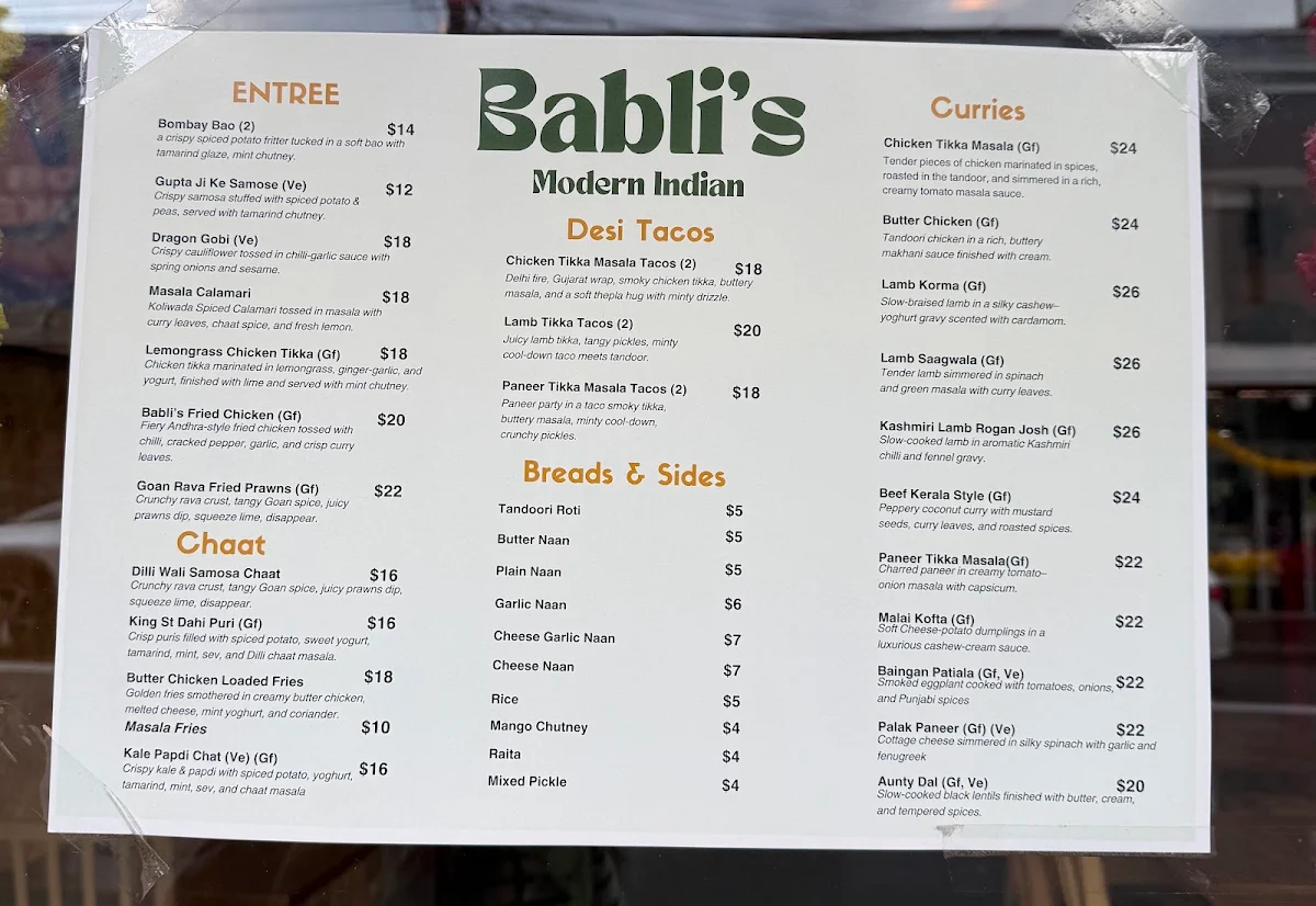 Menu, Babli’s Modern Indian