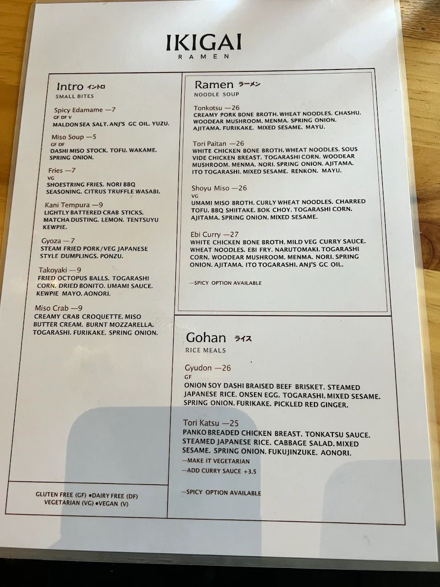 Menu, Ikigai Ramen