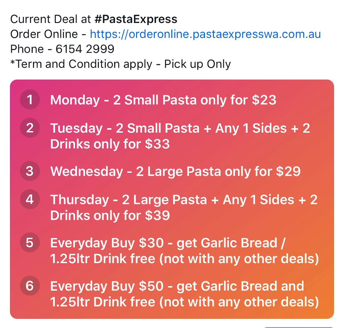 Menu, Pasta Express